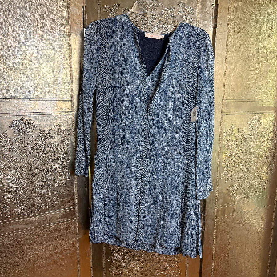 117 - Tory Burch Blue Snake-Print Silk Georgette Dress Size 2 — photo 1: front view