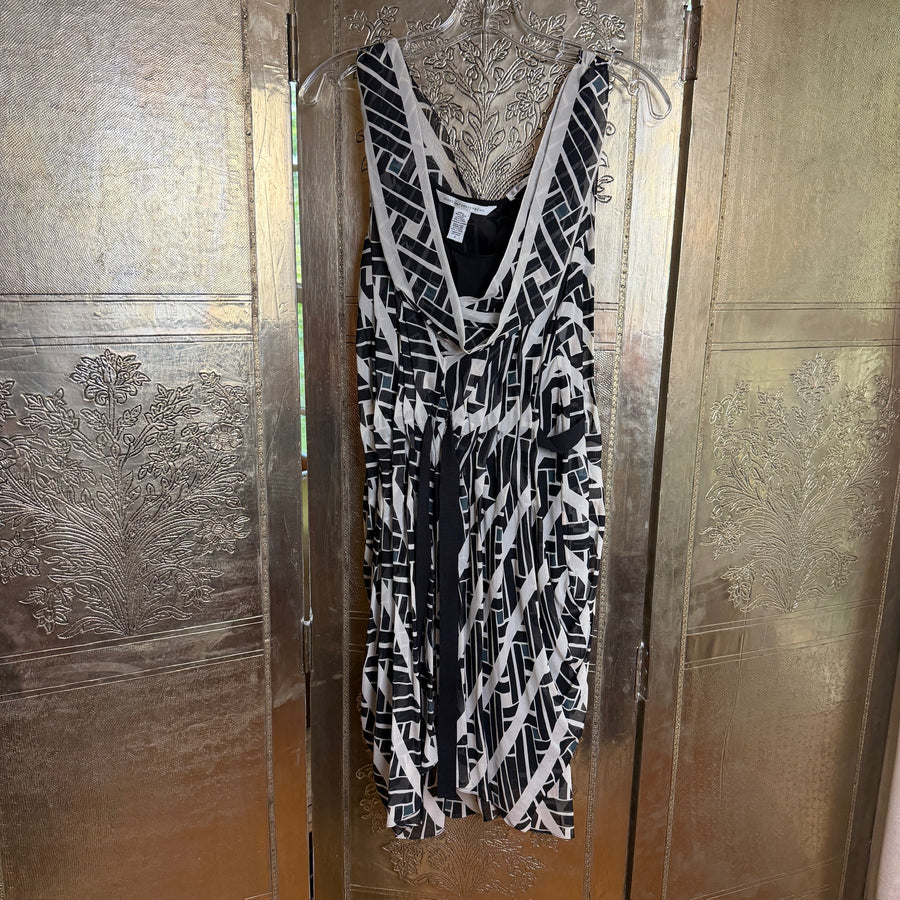 Diane von Furstenberg Lorah Black and White Geometric Silk Cowl-Neck Dress Size 4 — front