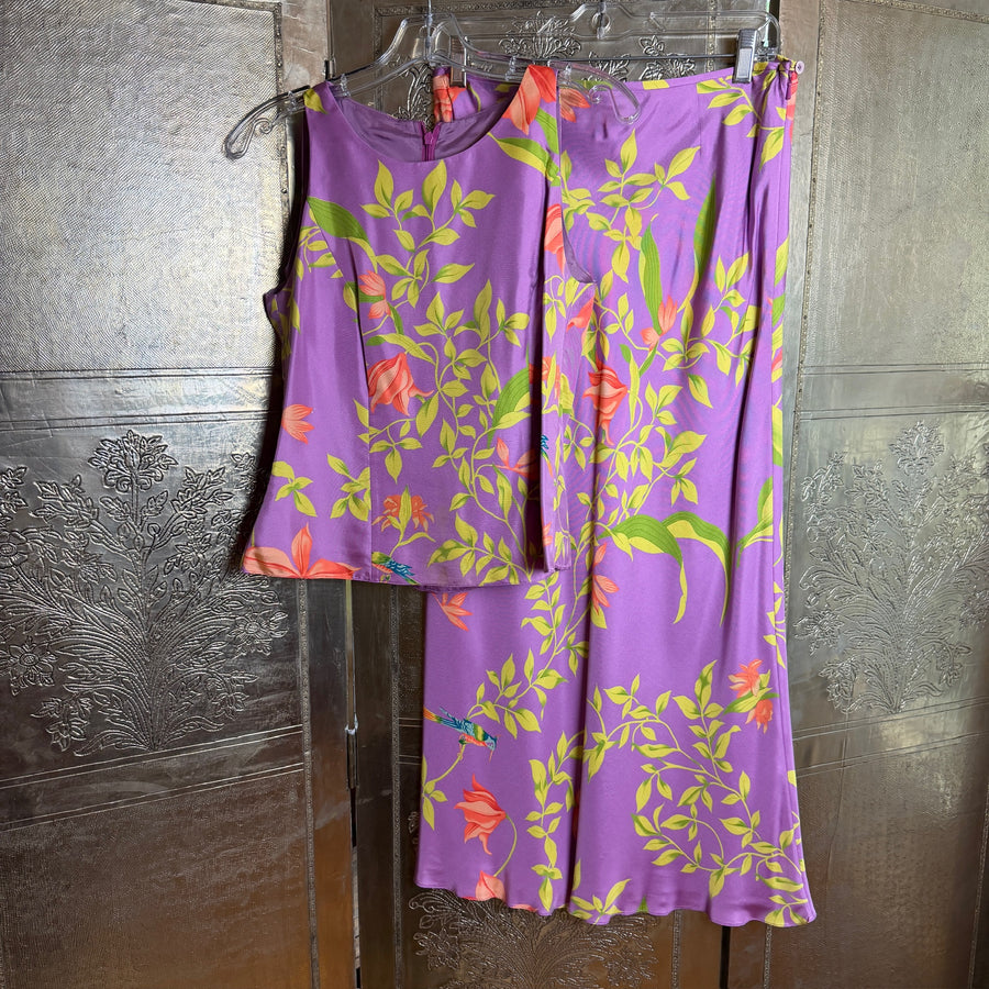 Purple Hummingbird-and-Floral Sleeveless Top and Long Skirt Set — photo 1: front view
