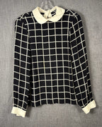 Alice & Trixie Black and White Windowpane Peter Pan Collar Silk Blouse Size S — front grid contrast collar
