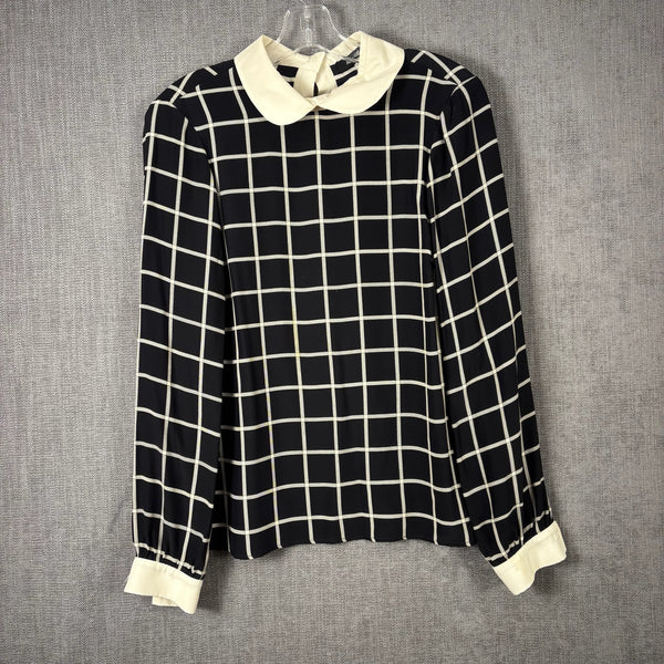 Alice & Trixie Black and White Windowpane Peter Pan Collar Silk Blouse Size S — front grid contrast collar