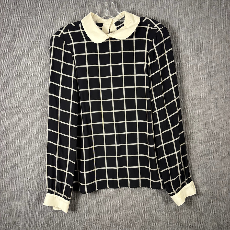 Alice & Trixie Black and White Windowpane Peter Pan Collar Silk Blouse Size S — front grid contrast collar