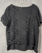 Kay Celine Black Lace-Overlay Short-Sleeve Top Size L — front layered lace