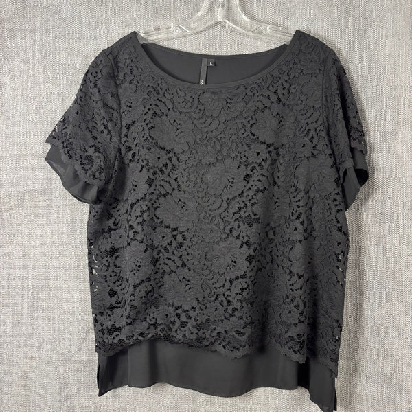 Kay Celine Black Lace-Overlay Short-Sleeve Top Size L — front layered lace
