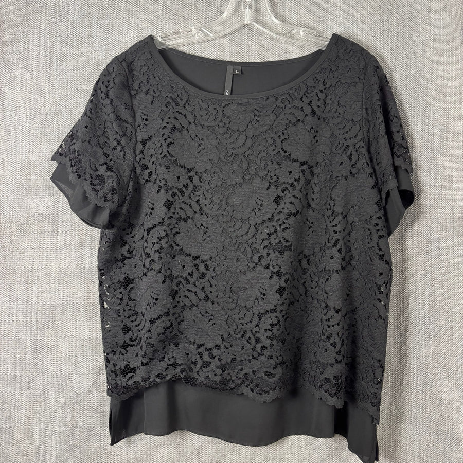 Kay Celine Black Lace-Overlay Short-Sleeve Top Size L — front layered lace