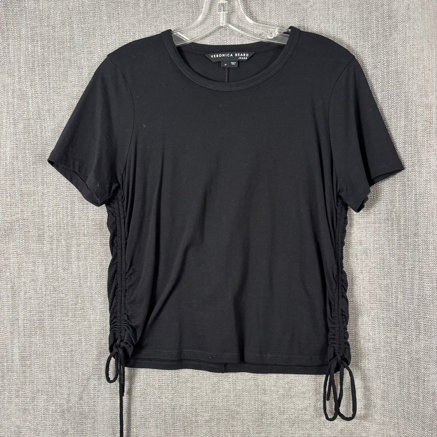 Veronica Beard Jeans Tazi Black Ruched-Side Drawstring Tee Size M — front ruched