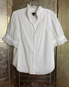 Ann Taylor White Textured Dobby Ruffle Stand-Collar Button-Down Blouse Size M — front ruffle collar dobby