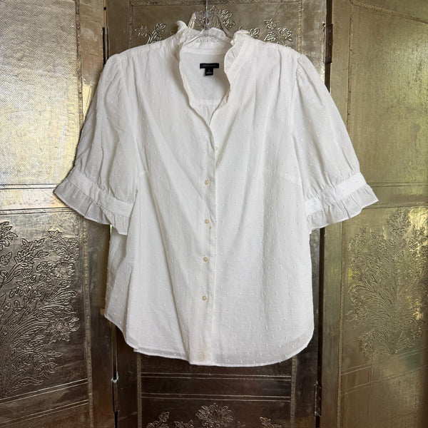 Ann Taylor White Textured Dobby Ruffle Stand-Collar Button-Down Blouse Size M — front ruffle collar dobby
