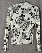 Linda Bertozzi Black and White Floral Asymmetric-Zip Mesh Top Size 1 — back