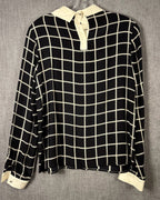 Alice & Trixie Black and White Windowpane Peter Pan Collar Silk Blouse Size S — back grid button placket