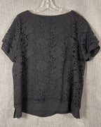 Kay Celine Black Lace-Overlay Short-Sleeve Top Size L — back layered lace