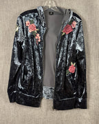 Billy T Black Floral Embroidered Velvet Zip Hoodie Size S — front open