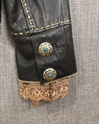 Tasha Polizzi Black Southwestern Real Leather Jacket with Paisley Lining Size M — detail cuff buttons lace