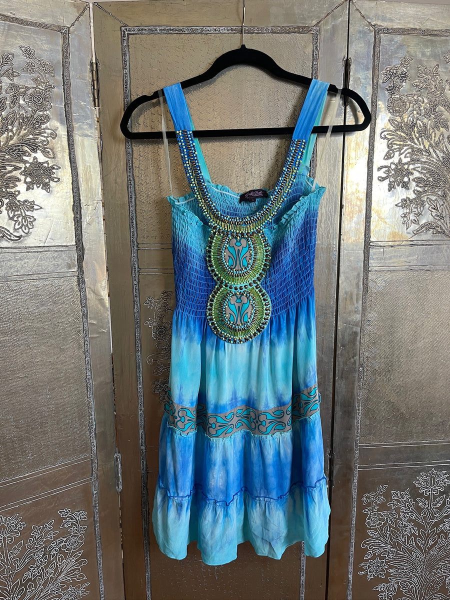 Hale Bob Blue Tie Dye Beaded Neckline Dress Size S photo 2