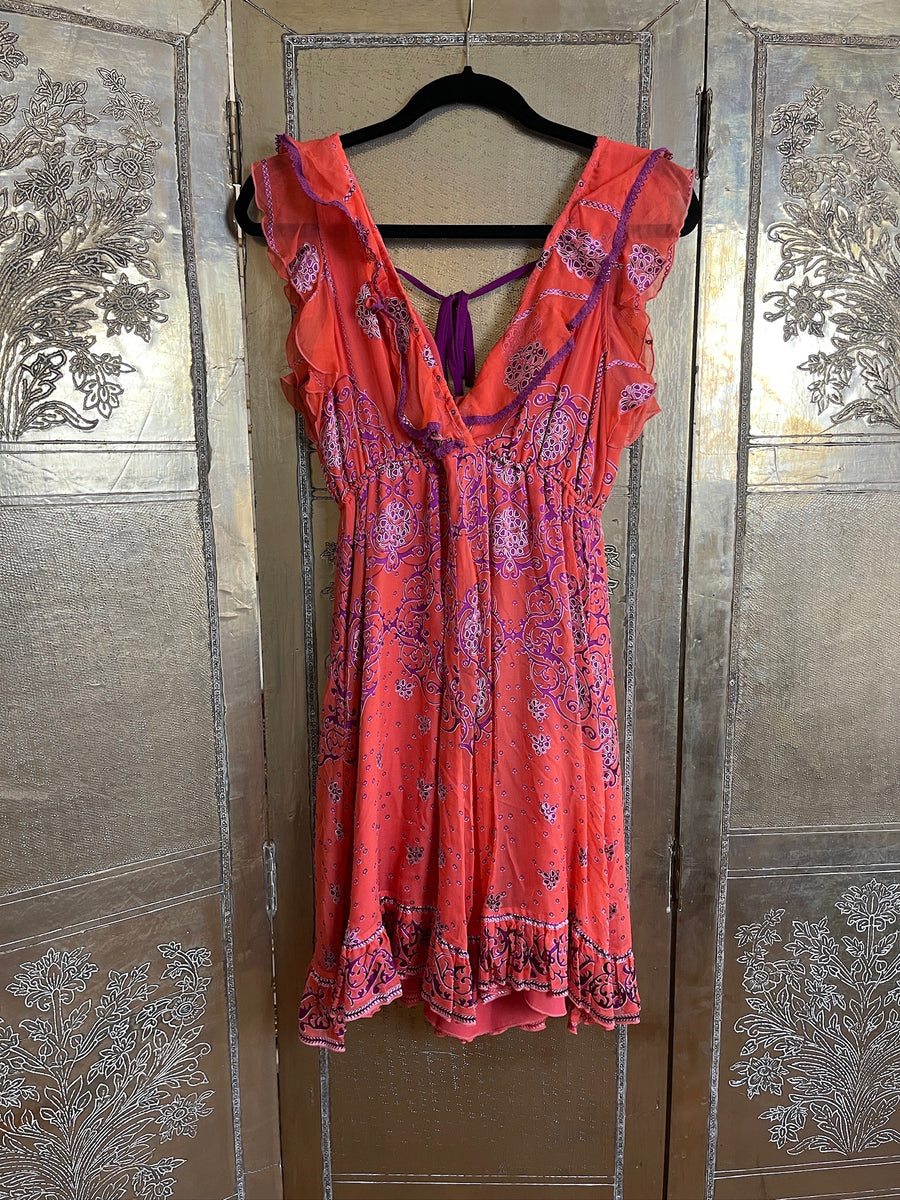 Hale Bob Coral Orange Beaded Bohemian Mini Dress Size S photo 1