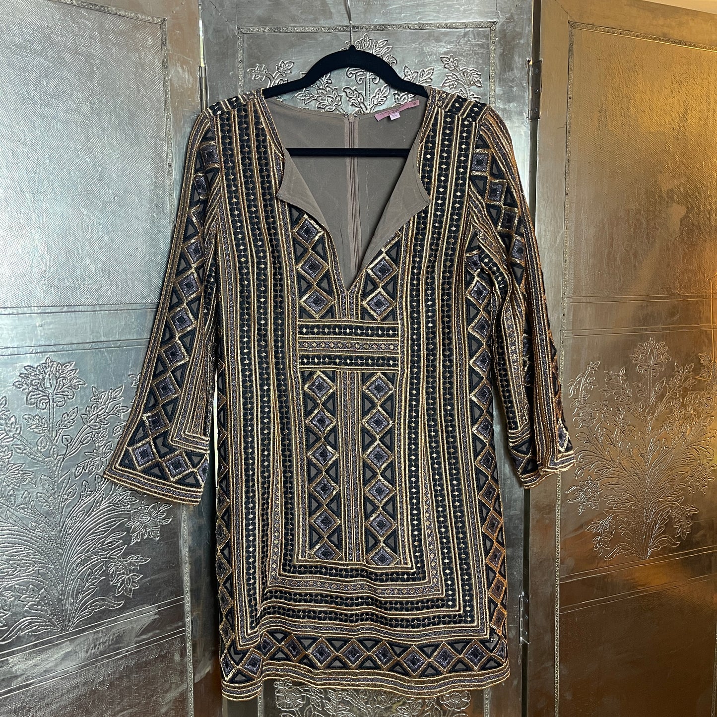 Calypso St Barth Embroidered Tunic Dress Size Small; Gold Geometric Pattern