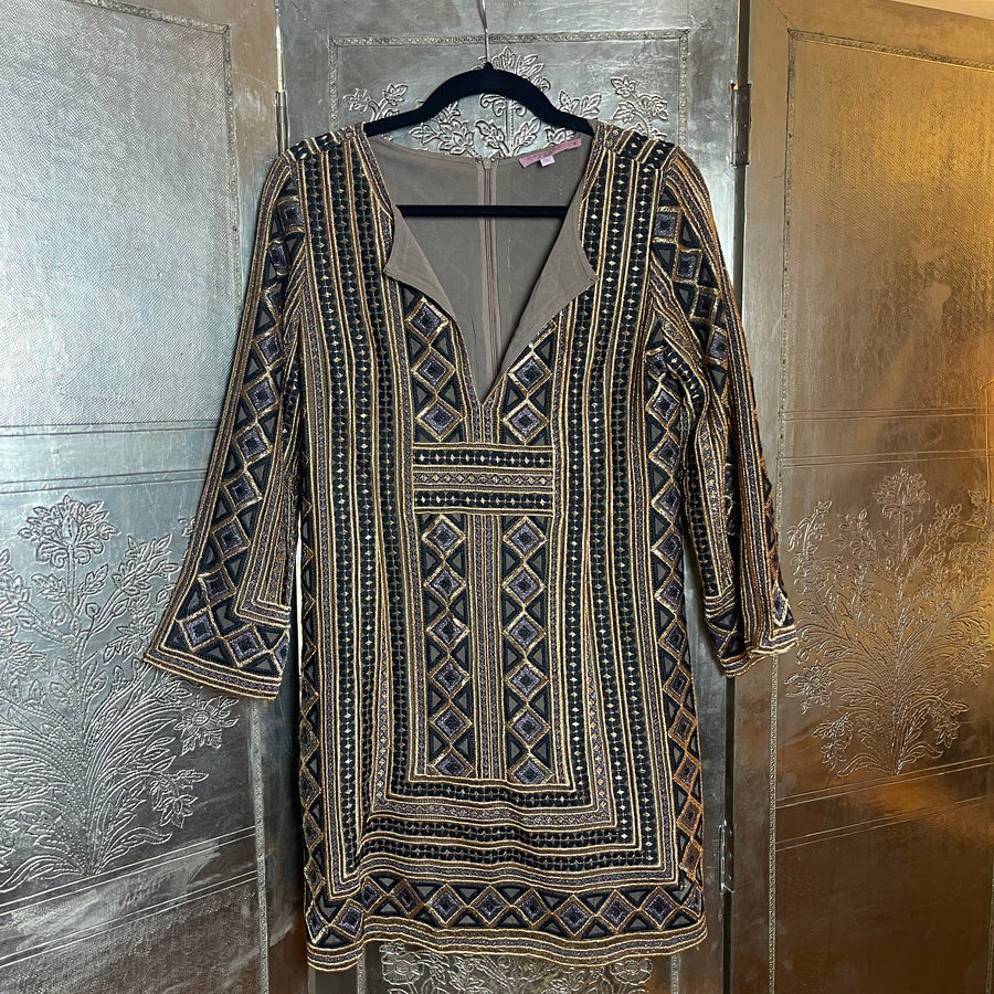 Calypso St Barth Embroidered Tunic Dress Size Small; Gold Geometric Pattern