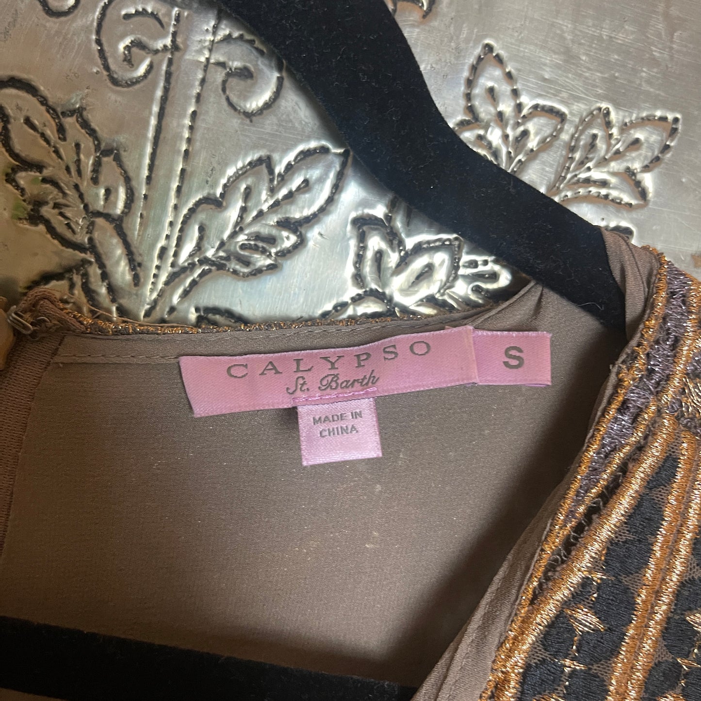 Calypso St Barth Embroidered Tunic Dress Size Small; Gold Geometric Pattern