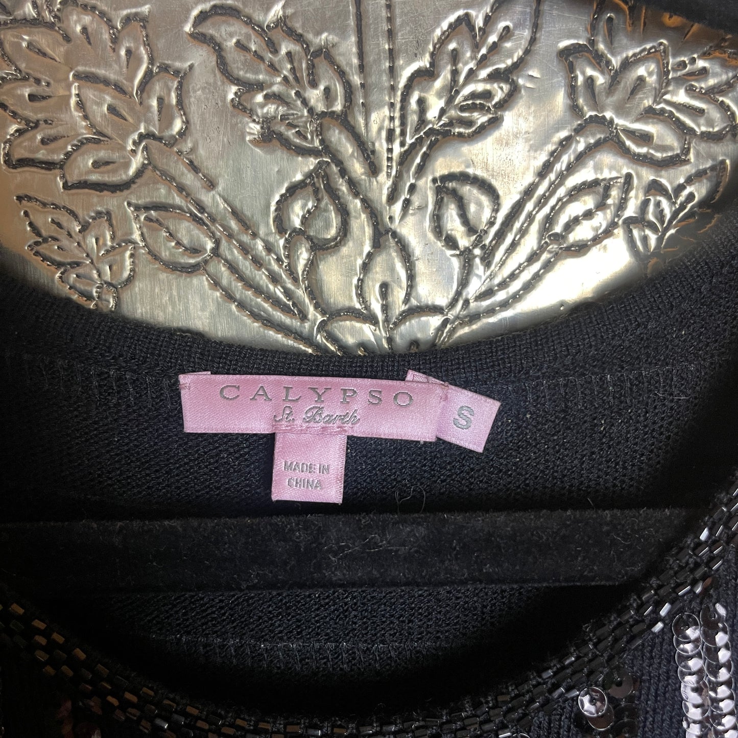 Calypso St Barth Black Sequined Sleeveless Knit Dress Art Deco Pattern Size Small