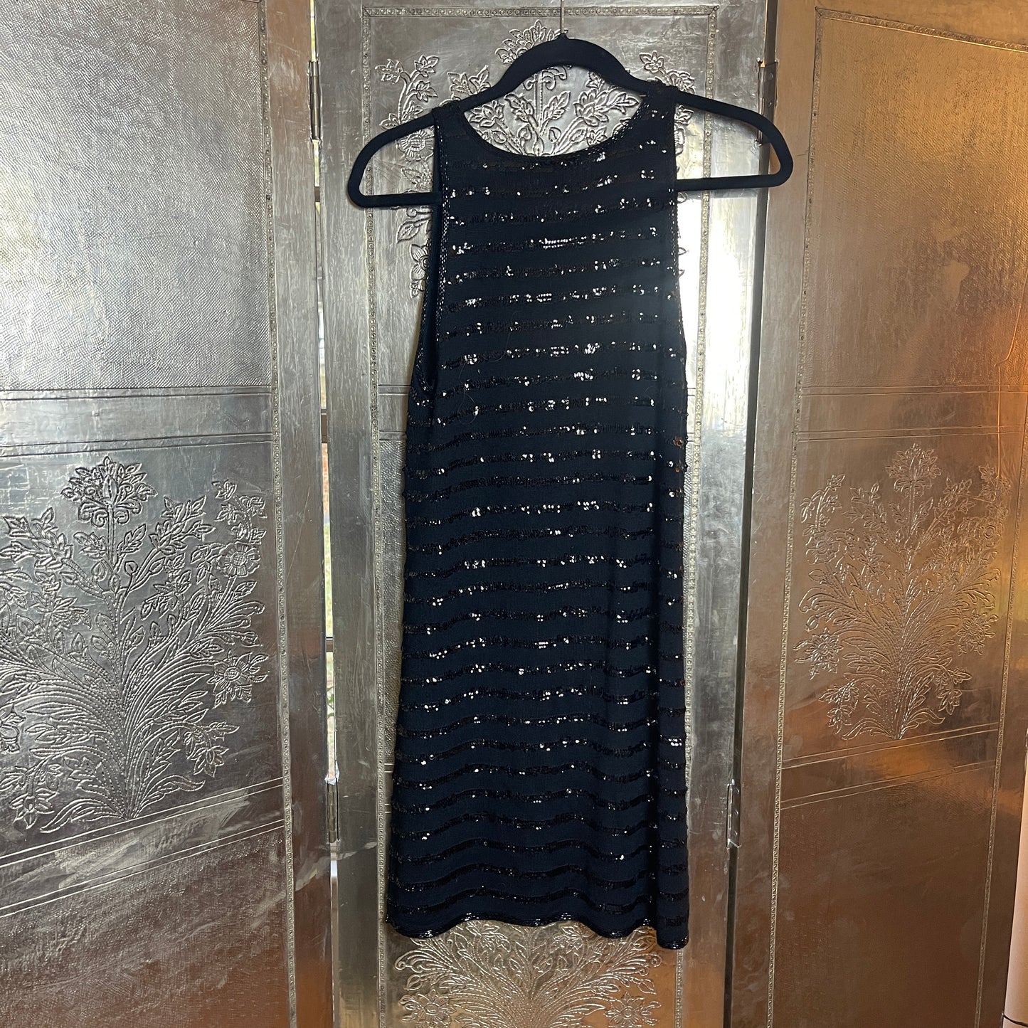 Calypso St Barth Black Sequined Sleeveless Knit Dress Art Deco Pattern Size Small