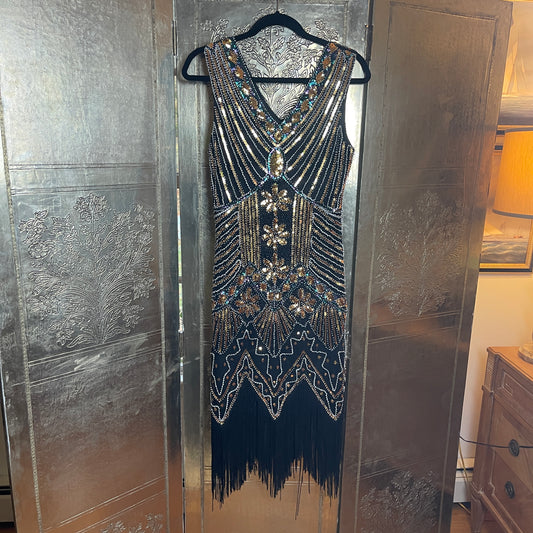 Metme Sequined Beaded V Neck Dress with Fringe Size Medium