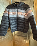 Nylon puffer jacket, Numero Uno Quilted Hooded Metallic-Stripe Packable Puffer Coat Size Large