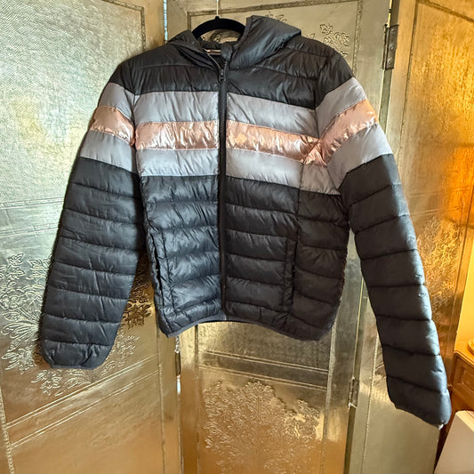 Nylon puffer jacket, Numero Uno Quilted Hooded Metallic-Stripe Packable Puffer Coat Size Large