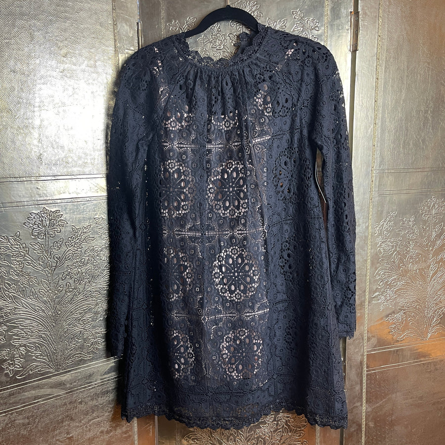 Temperley London Black Lace Long-Sleeve Mini Dress Size UK 8 (US 4) - front view