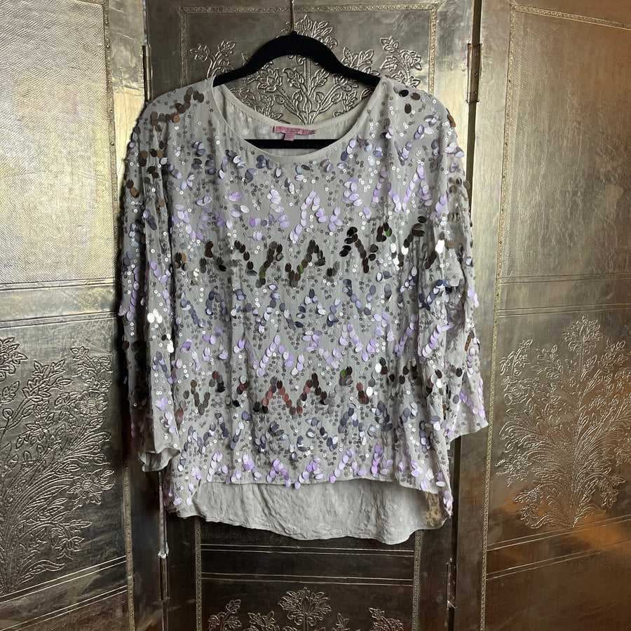 Calypso St. Barth Grey Sequin Boat Neck Top Size M - front view