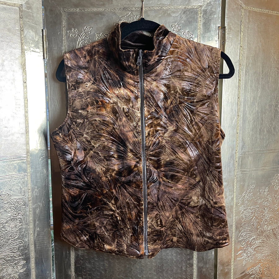 Brown Patterned Sleeveless Zip Vest - front view