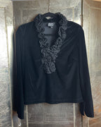 Adrianna Papell Black Velvet Ruffle Neckline Blouse - front view