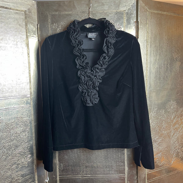 Adrianna Papell Black Velvet Ruffle Neckline Blouse - front view