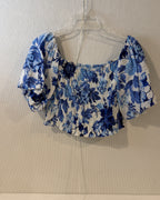 Blue Floral Smocked Puff Sleeve Crop Top - image 1