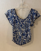 Poupette St Barth Blue Floral Smocked Flutter Sleeve Top Size M - image 1