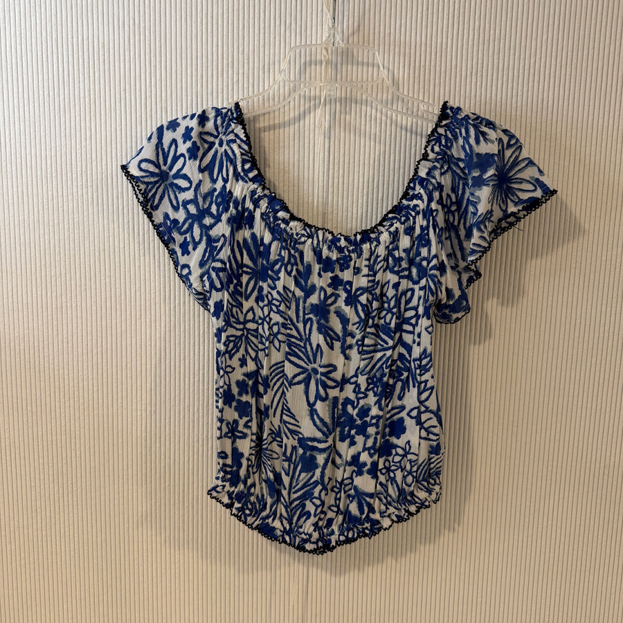 Poupette St Barth Blue Floral Smocked Flutter Sleeve Top Size M - image 1