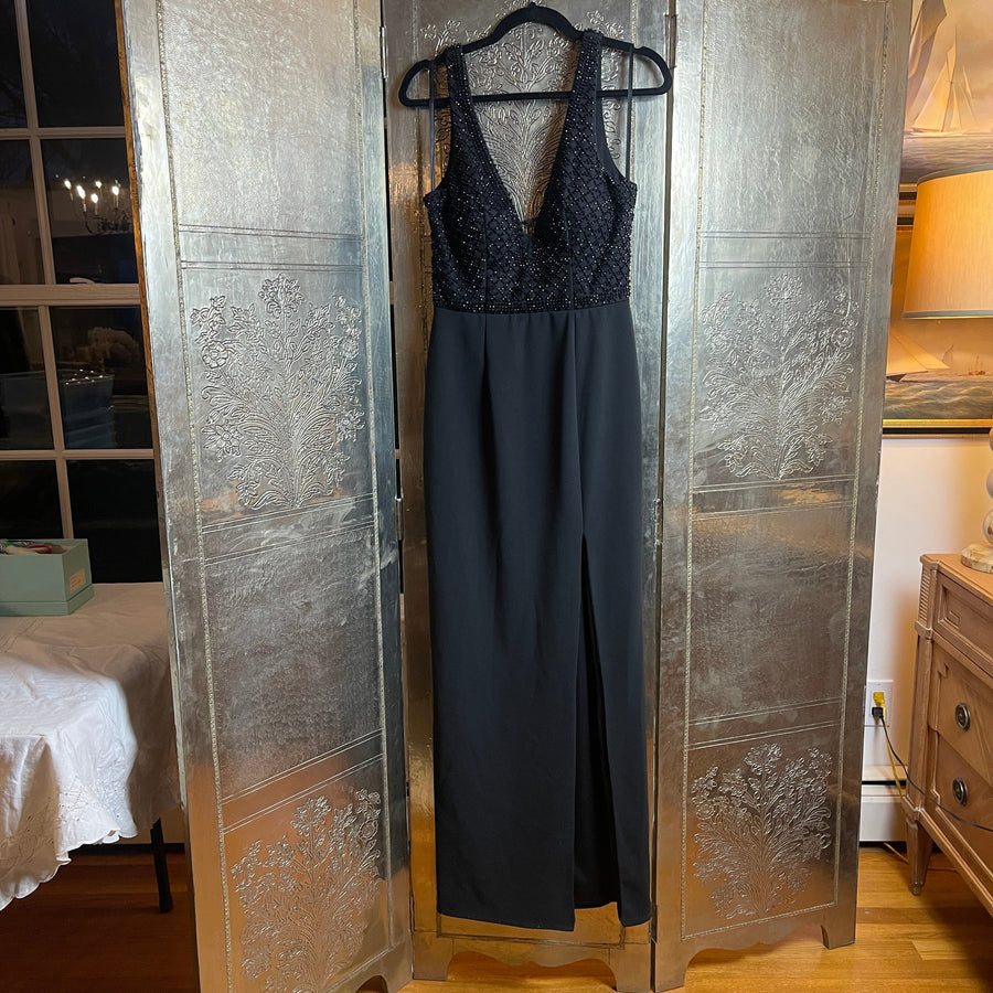 Aqua Beaded Deep V-Neck Gown Size 8 - front view