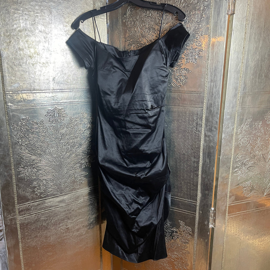 Dina Bar-El Black Off-the-Shoulder Ruched Satin Dress Size S - front view