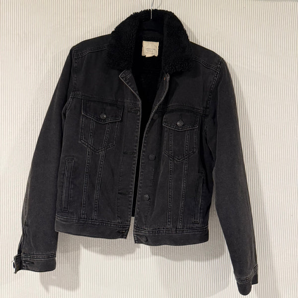 American Eagle Black Sherpa-Lined Denim Jacket - Size M - front view