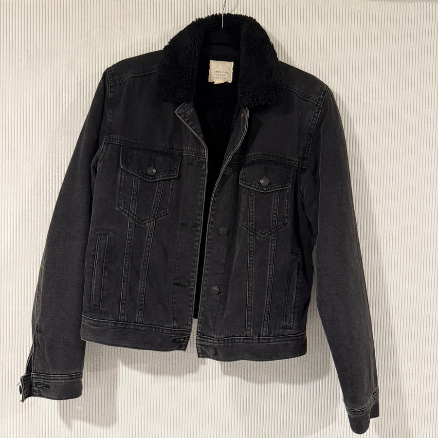 American Eagle Black Sherpa-Lined Denim Jacket - Size M - front view