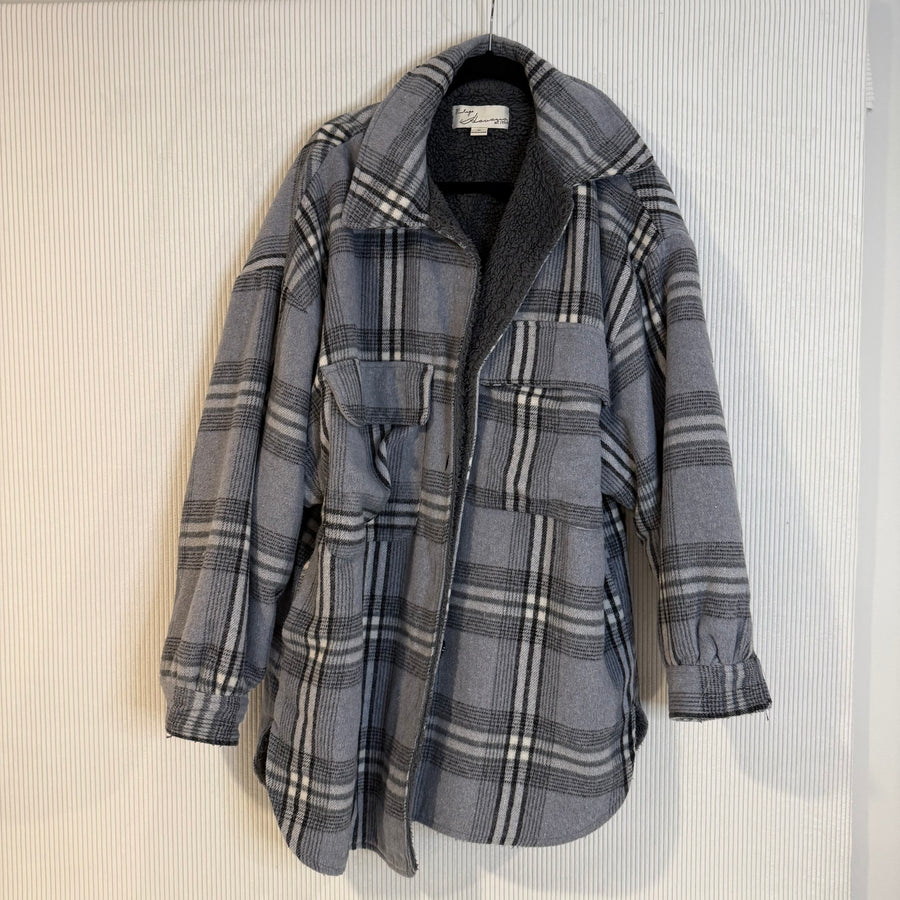 Vintage Havana Gray Plaid Sherpa-Lined Shacket - Size M - front view