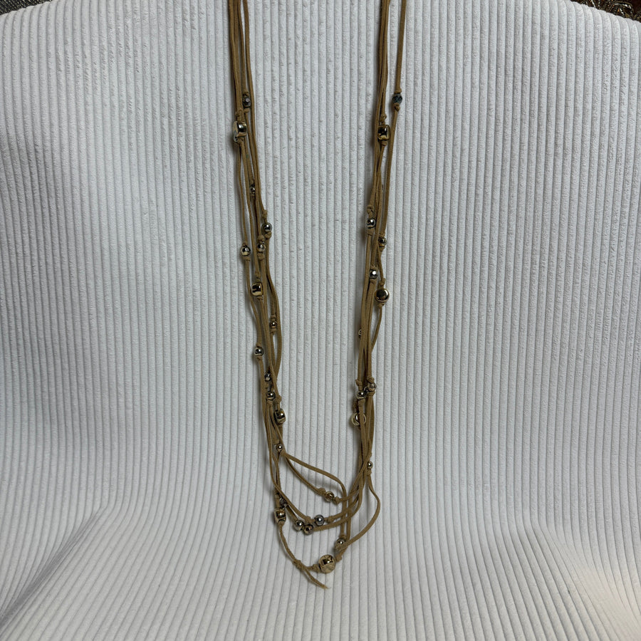 Multi-Strand Faux Suede Cord Beaded Necklace - front view