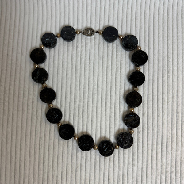 Vintage Black Agate Onyx Beaded Statement Necklace - front view