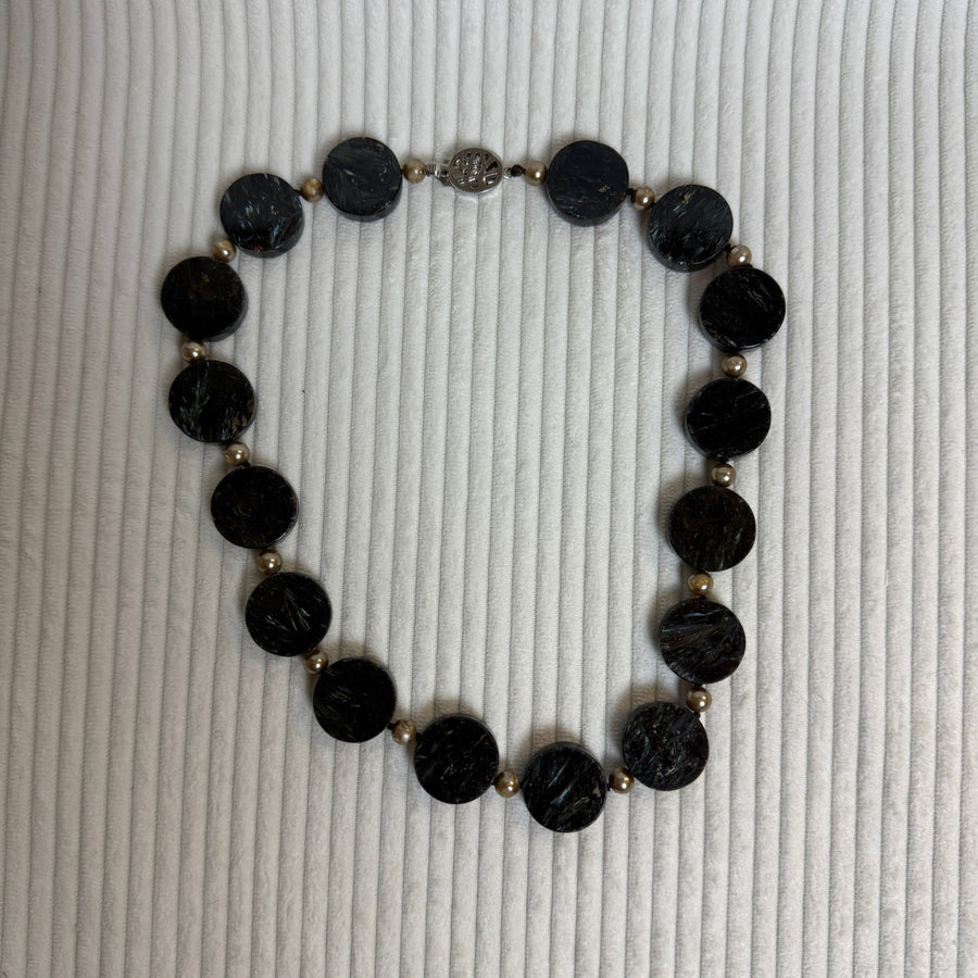 Vintage Black Agate Onyx Beaded Statement Necklace - front view