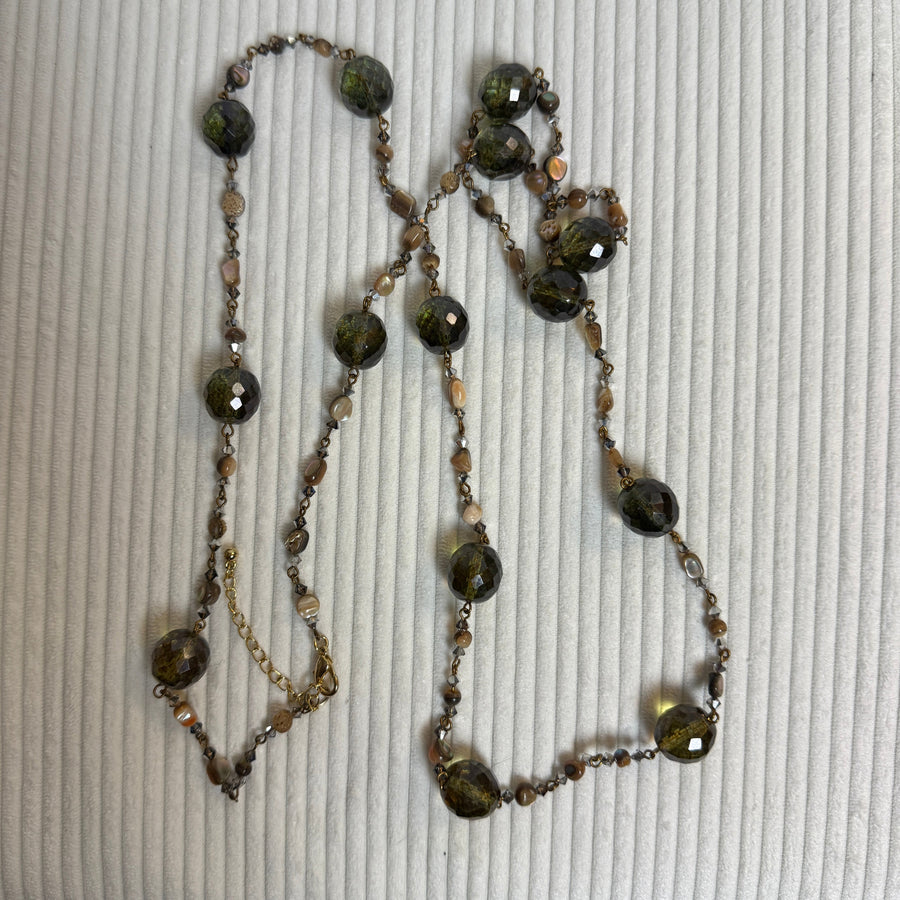 Long Green Art Glass Beaded Station Necklace - front view