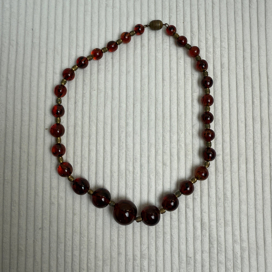 Vintage Cherry Amber Bakelite Bead Necklace - front view
