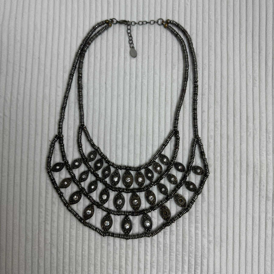 Dark Beaded Eye Statement Bib Necklace - front view