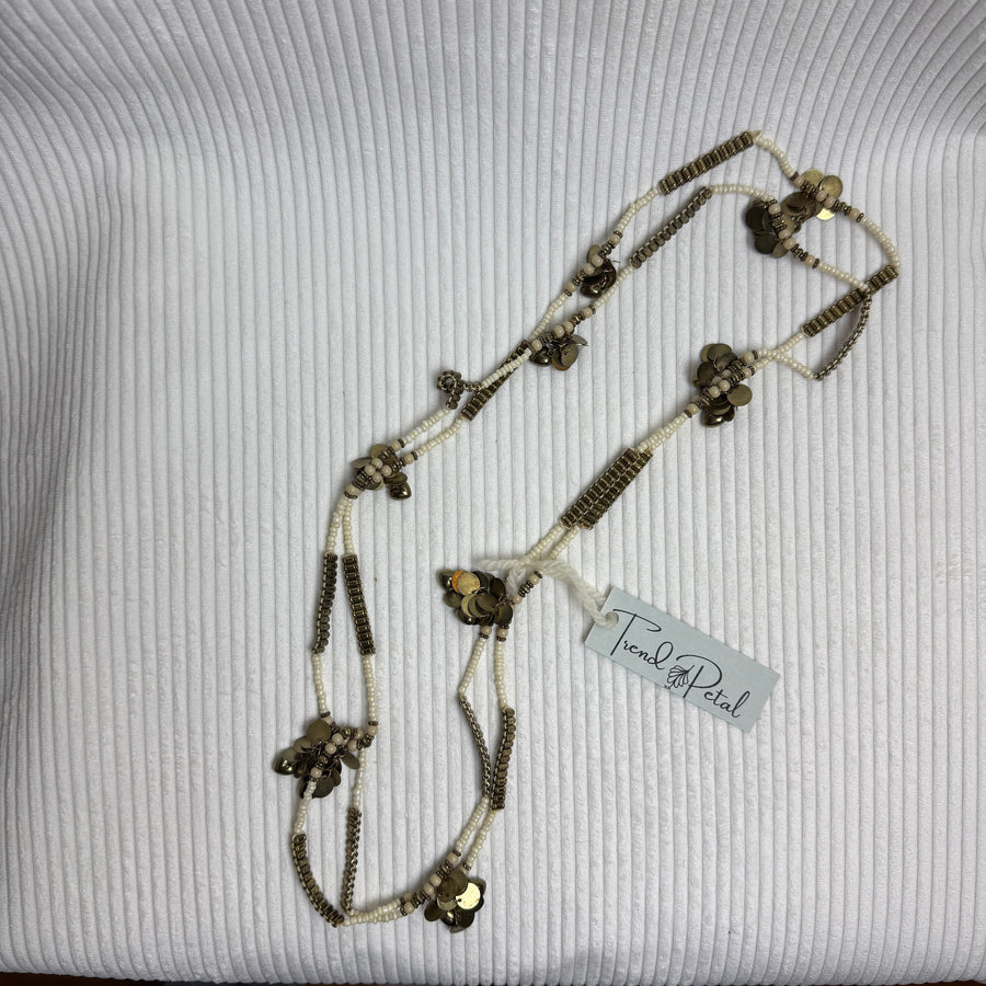 Multi-Strand White Beaded Coin Necklace - front view