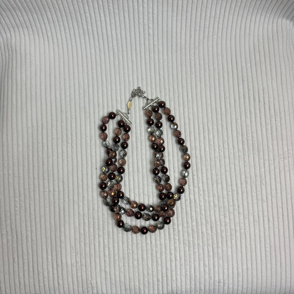 Vintage Multi-Strand Bronze and Pearl Beaded Necklace - front view