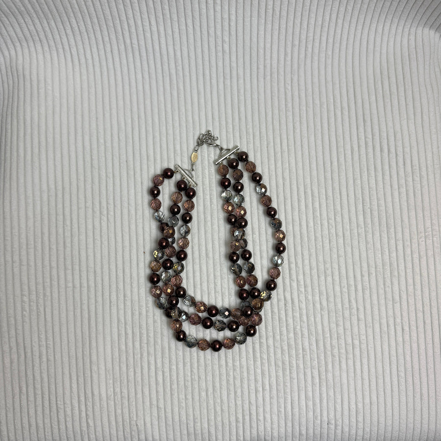 Vintage Multi-Strand Bronze and Pearl Beaded Necklace - front view