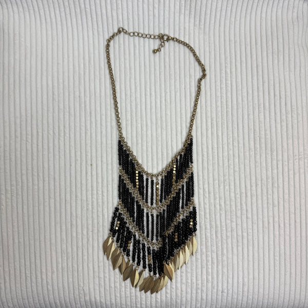 Black and Gold Leaf Bib Necklace - front view